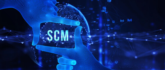 SCM - Supply Chain Management.  Supply Chain Management SCM. Aspects of Modern Company Logistics Processes. 3d illustration