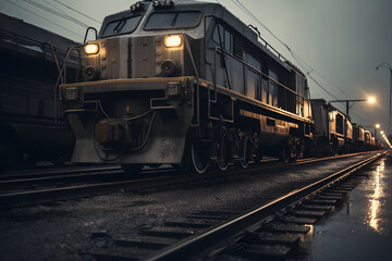 Obraz premium Vintage Train Steaming through Foggy Night Landscape with Headlights Piercing through the Darkness Creating a Nostalgic and Mysterious Atmosphere