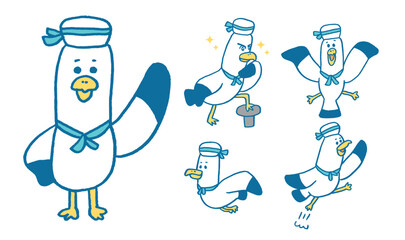 青い線で描いた面白くかわいいカモメの水平さん