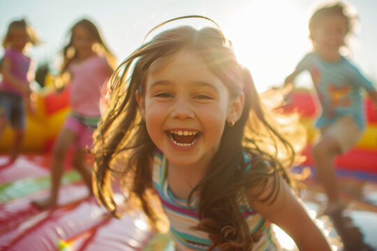 a little girl is smiling while standing on a bounch