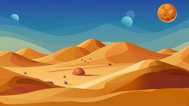 An abstract desert scene with sand dunes that appear to be made of countless nanobots.. 2d flat cartoon