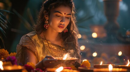Woman Lighting Diya During Diwali Celebration in India