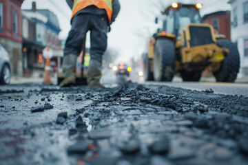 a man is standing on a road with a bulldozer