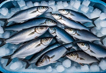 Obraz premium Top view of a large metal tray filled with ice and fresh fish, neatly arranged in a circular pattern, showcasing their shiny scales and fresh appearance, Generative AI.