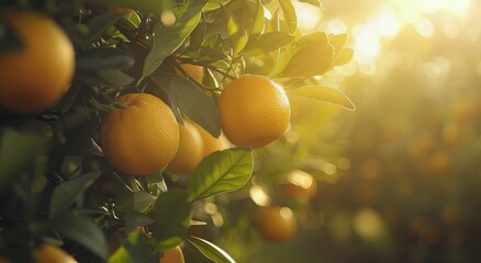 Ripe Oranges Hanging From a Tree Branch in a Sunny Orchard