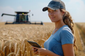 Fototapeta premium A farmer uses a digital tablet to monitor wheat harvest, showcasing technology in agriculture