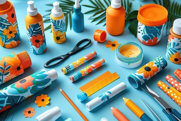 An vibrant array of art supplies including paints, scissors, and pens creatively arranged
