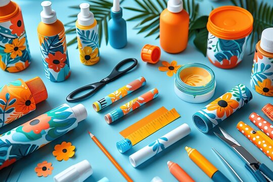 An vibrant array of art supplies including paints, scissors, and pens creatively arranged