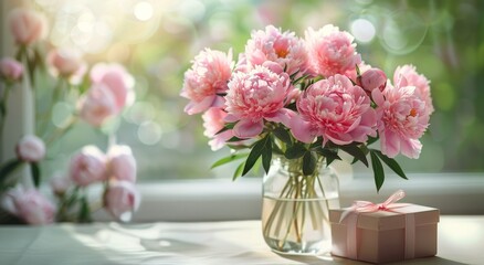 Fototapeta premium Pink Peonies in a Glass Vase With a Gift Box on a White Table