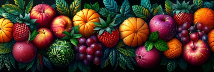 Fototapeta premium Vibrant Fruit Arrangement With Lush Green Foliage