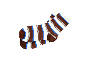Striped socks with Brown, Blue and white isolated on white background, Striped cotton socks