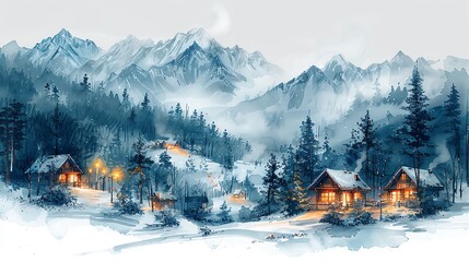 Fototapeta premium A winter wonderland of snow-covered mountains and pine trees