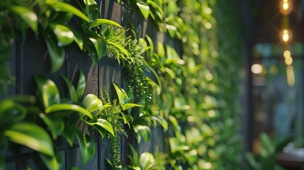 A vibrant green wall in an urban cafe.