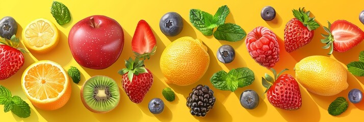 Vibrant Fresh Fruit Arrangement on Yellow Background
