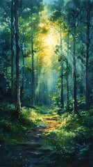 A beautiful painting of a lush green forest with sunlight streaming through the trees