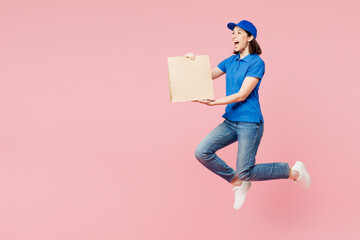 Full body delivery girl employee woman wear blue cap t-shirt uniform workwear work as dealer...