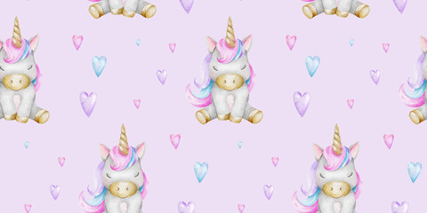 Print of cute little unicorns and hearts. Background of baby ponies. Watercolor hand drawn seamless pattern for children's rooms, goods, clothes, postcards, baby shower and nursery, fabric