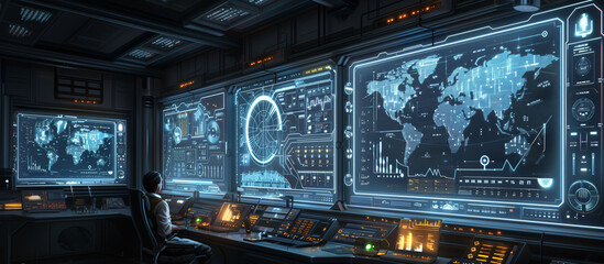 Obraz premium People stands in front of a glass wall that has a blue future of technology screen