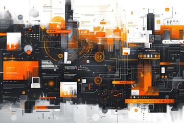 A sophisticated abstract digital art piece blending technology elements with a splash of orange and white, evoking a sense of data flow