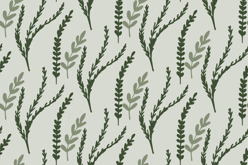 floral doodle seamless vector pattern, olive colour background, botanical monochrome print