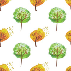seamless trees pattern, watercolor hand drawn botanical print, autumn and spring season 