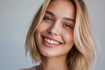 Fototapeta premium a woman with blonde hair smiling and wearing a white shirt