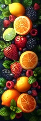 Vibrant Citrus and Berry Abstract Background With Lush Green Foliage