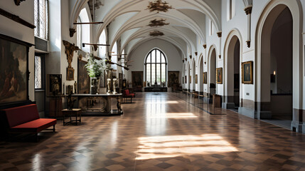 Spacious Hall with Elegant Arched Windows and High Ceiling