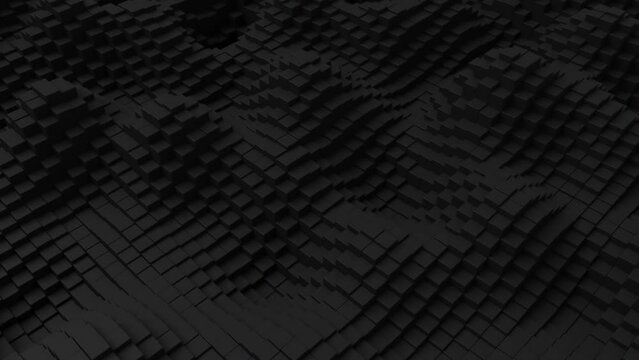 Ripples on grid of black blocks abstract background. Loop of waves of square columns. Voxel noise backdrop.