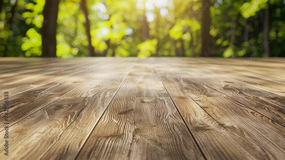 Wall mural blank empty wooden laminate floor for products with blurred forest background.