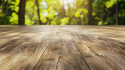 Blank empty wooden laminate floor for products with blurred forest background.