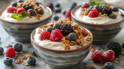 Yogurt Parfait With Granola, Berries, and Mint in Blue Bowl