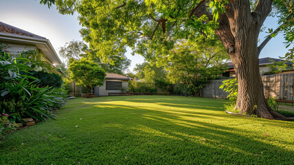 backyard with lawn and big tree