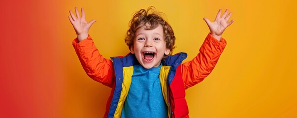 Excited young boy with curly hair joyfully waves his hands in the air