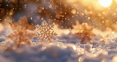 Golden Snowflake Glowing in Winter Sunset