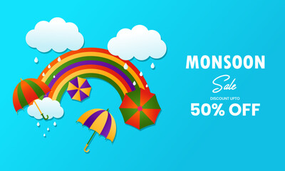 Monsoon Season sale background, banner, poster and web header design vector illustration.