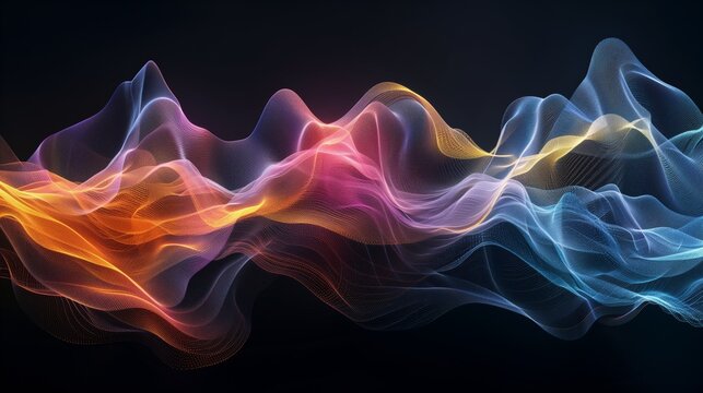 Colorful holographic neon fluid illustration waves on black background, walpapper
