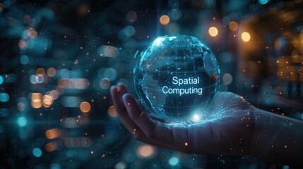 Glowing blue lettering "Spatial Computing" on shiny neon holographic sphere of Artificial intelligence sitting on human hand, dark background 
