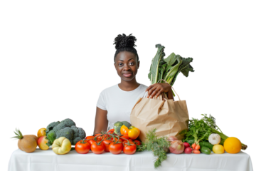 African girl with a bag of vegetables with transparent background