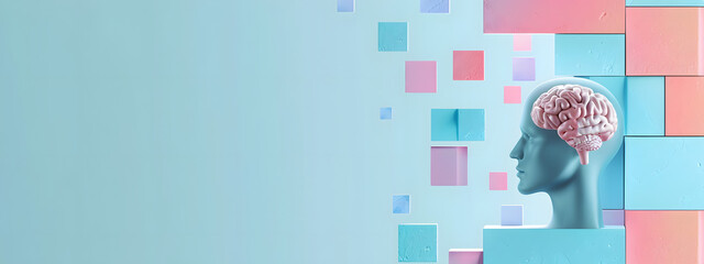 An abstract representation of a skills matrix featuring a head with a brain and colorful cubes on a light blue background This banner image symbolizes knowledge and cognitive skills with copy space