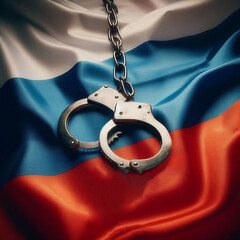 Handcuffs hang on the background of the Russian flag, arrest of political prisoners. sanctions against the russian economy. stop the war in Ukraine, Russia violates all laws