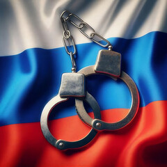 Handcuffs hang on the background of the Russian flag, arrest of political prisoners. sanctions against the russian economy. stop the war in Ukraine, Russia violates all laws