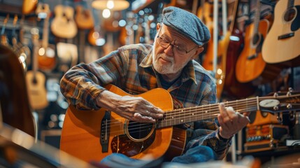Senior man tuning a guitar in a music store, surrounded by instruments