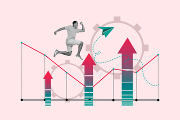 Composite photo collage of happy american guy run promotion graph development arrow growth gears optimization isolated on painted background