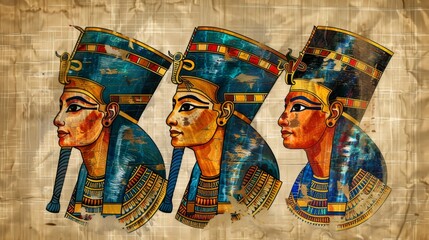 Fototapeta premium Three Egyptian women with blue and gold headdresses