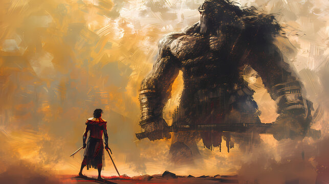 Epic battle scene of David facing the giant Goliath in a dramatic landscape