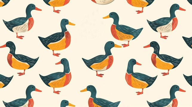 Watercolor Seamless minimal pattern with cartoon duck or goose design on beige background