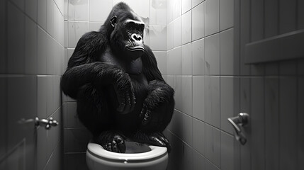 Gorilla sit on the toilet, monkey sitting on the potty, restroom humor, black and white