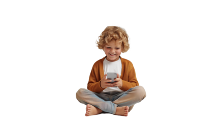 A young boy happily sits on a white floor, engrossed in using a cell phone with transparent background.