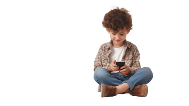 On a white floor, a young boy sits and enjoys using a cell phone, completely absorbed in its content. transparent background isoleted.
